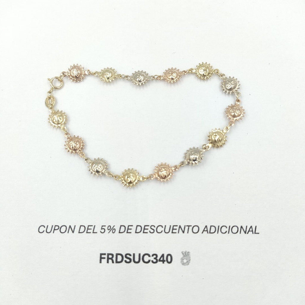 PULSERA TEJIDO ESPECIAL CON FIGURA SOLES COMBINADO 14K 18 CM 2.8 GR PTR14 (NUEVO)