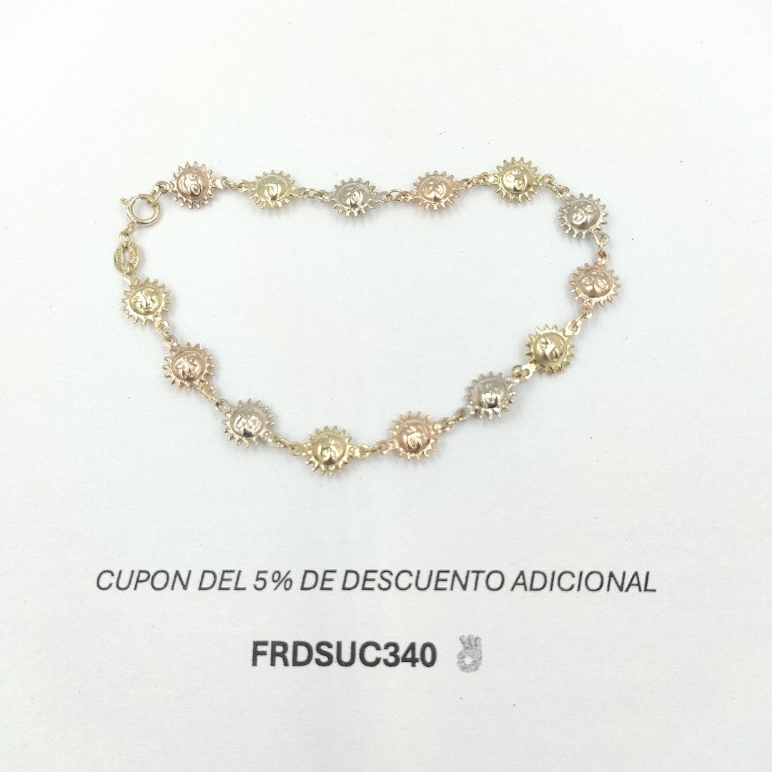 PULSERA TEJIDO ESPECIAL CON FIGURA SOLES COMBINADO 14K 18 CM 2.8 GR PTR14 (NUEVO)