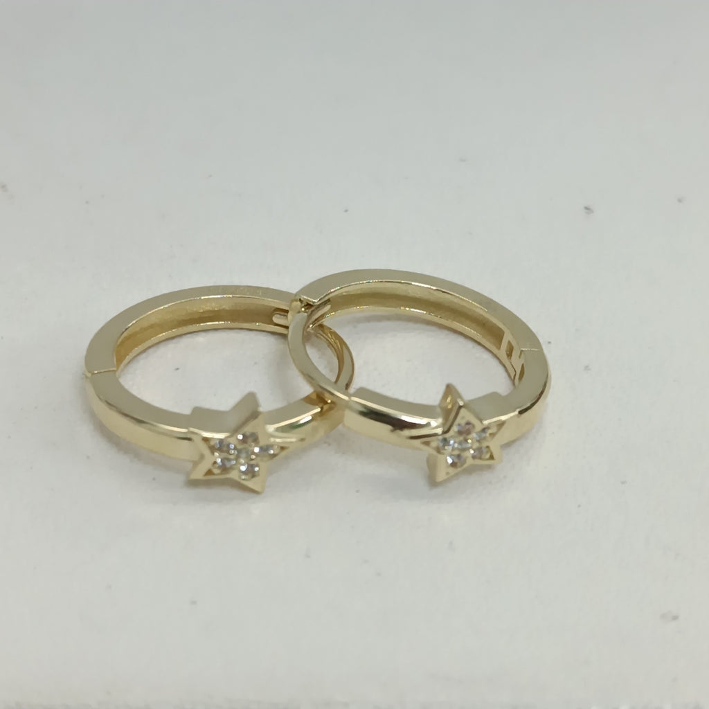 ARETES TEJIDO HUGGIES CON ESTRELLA CON CIRCONIAS 14K 2.4 GR (NUEVO)