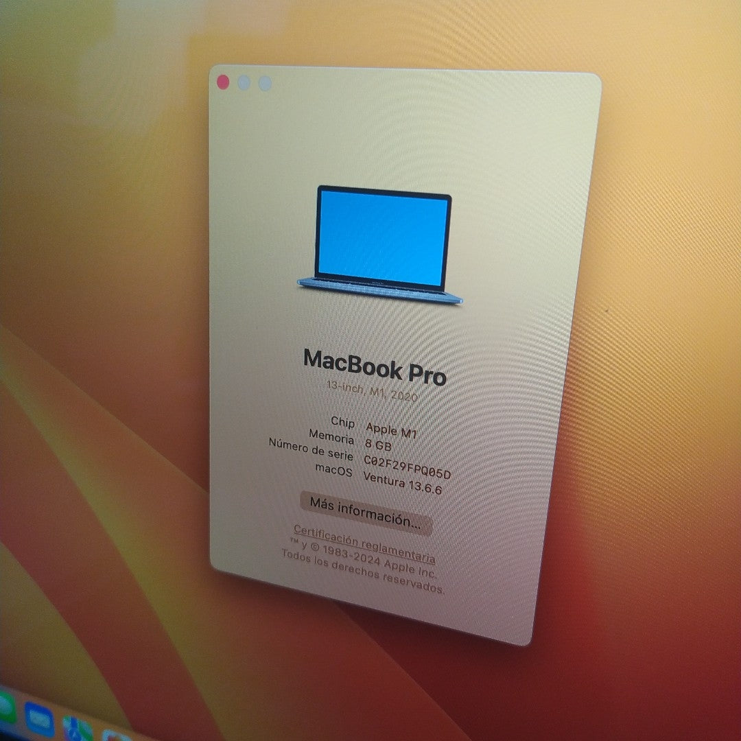LAPTOP APPLE MACBOOK PRO 13" 2020 3.2 A2338 256 GB SSD 8 GB RAM (SEMINUEVO)