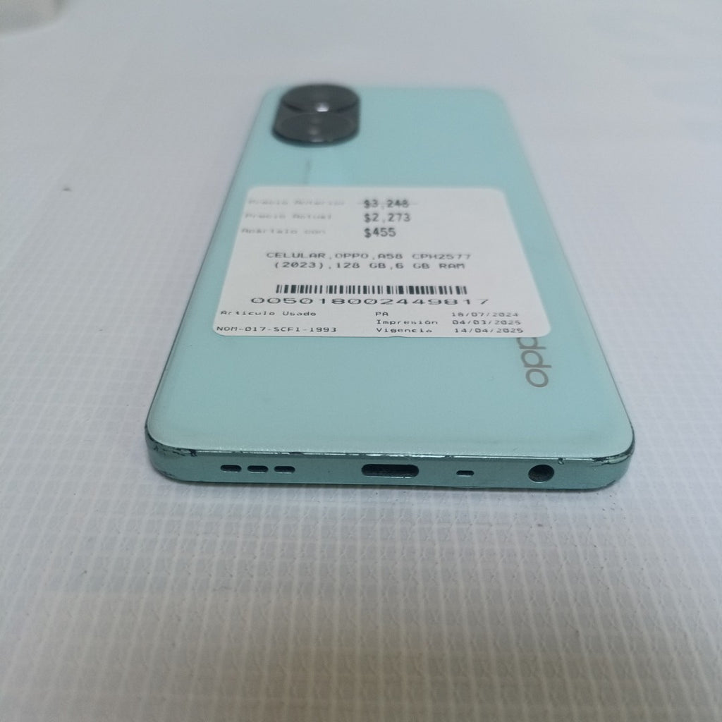 CELULAR OPPO  A58 CPH2577 (2023) 128 GB 6 GB RAM (SEMINUEVO)