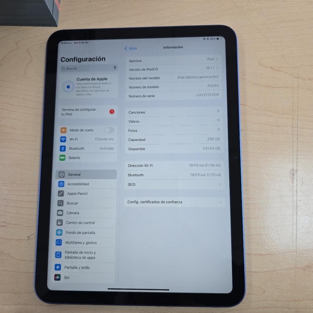 TABLETA APPLE IPAD 10 A2696 256 GB 4 GB RAM (SEMINUEVO)