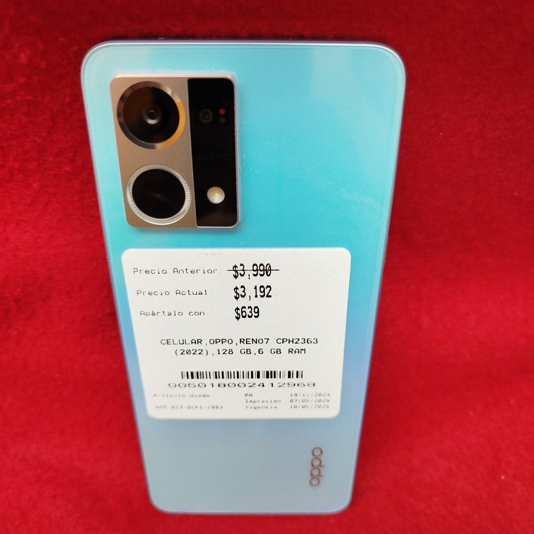 CELULAR OPPO  RENO7 CPH2363 (2022) 128 GB 6 GB RAM (SEMINUEVO)