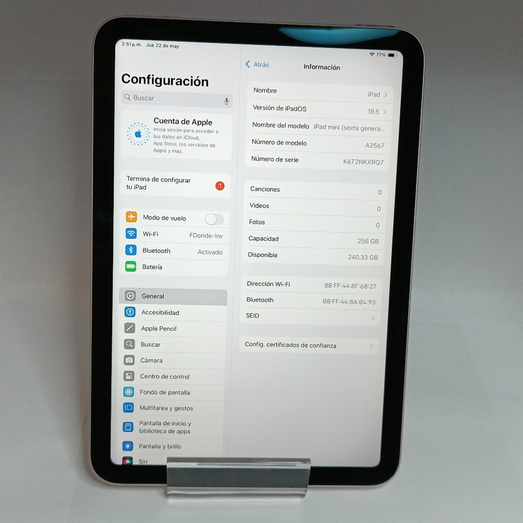 TABLETA APPLE IPAD MINI 6 A2567 256 GB 4 GB RAM (SEMINUEVO)