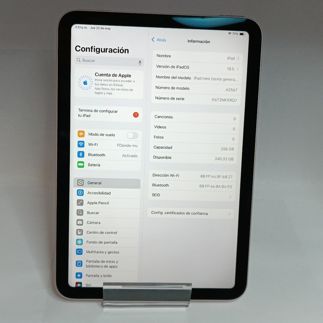 TABLETA APPLE IPAD MINI 6 A2567 256 GB 4 GB RAM (SEMINUEVO)