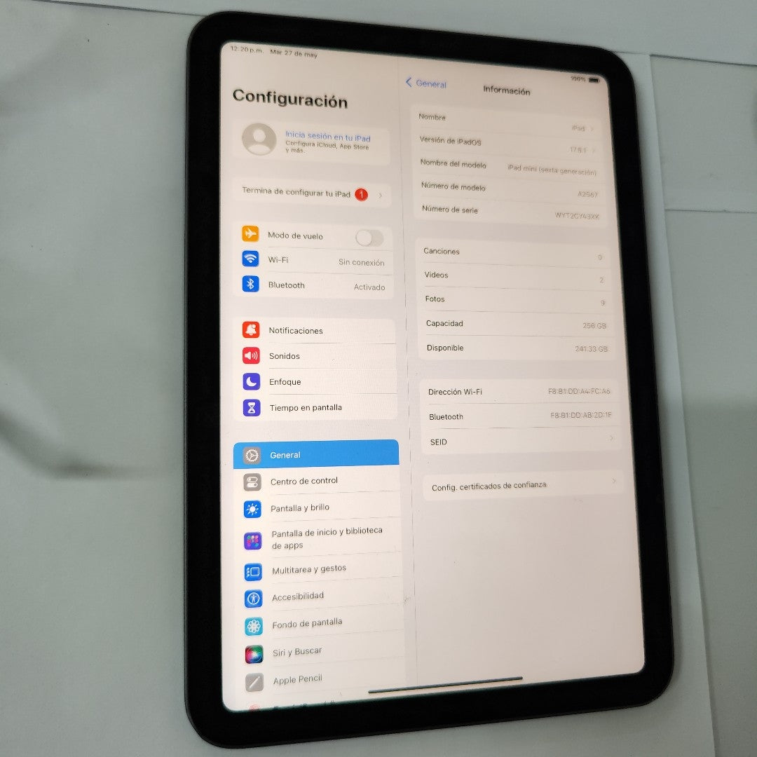 TABLETA APPLE IPAD MINI 6 A2567 256 GB 4 GB RAM (SEMINUEVO)