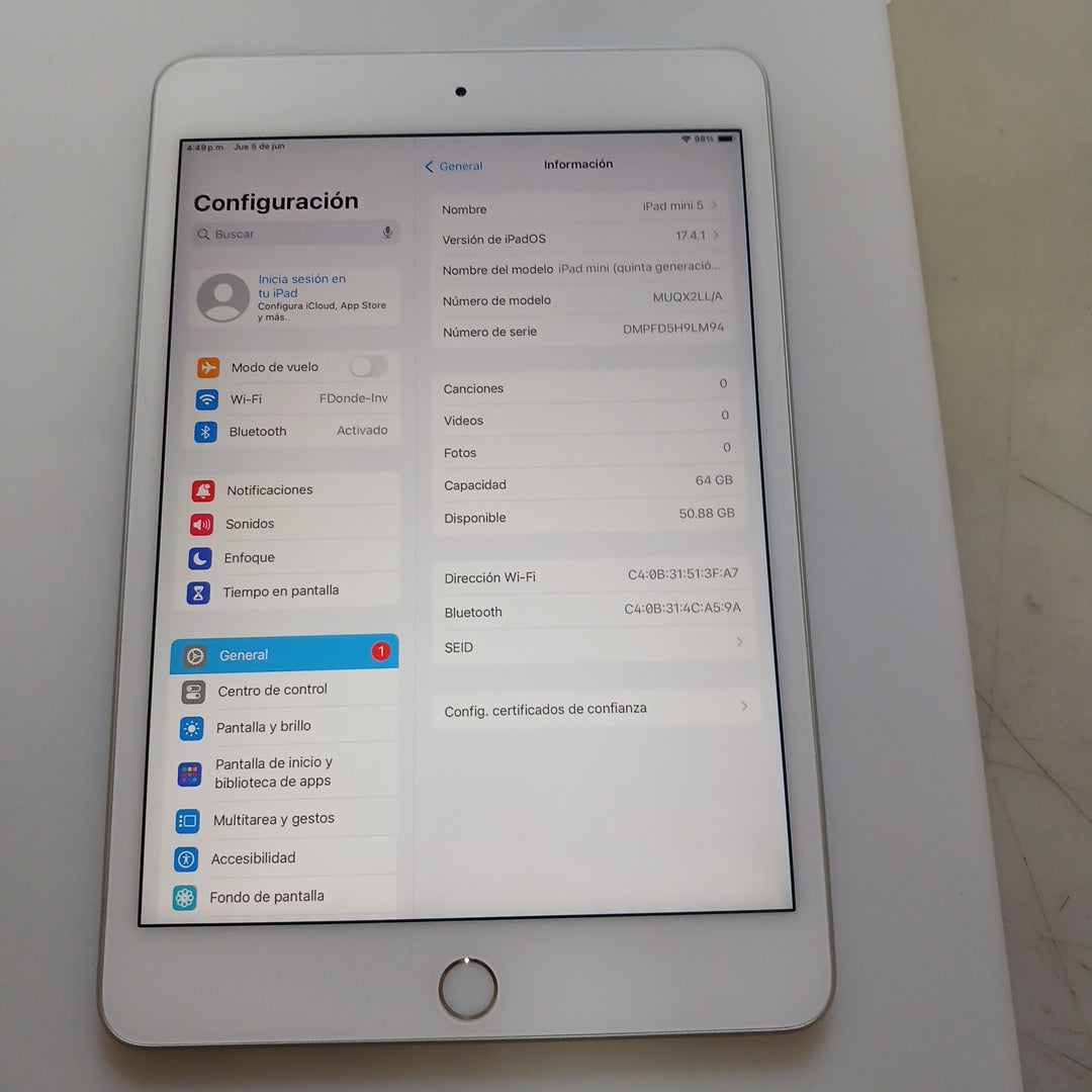 TABLETA APPLE IPAD MINI 5 A2133 64 GB 3 GB RAM (SEMINUEVO)