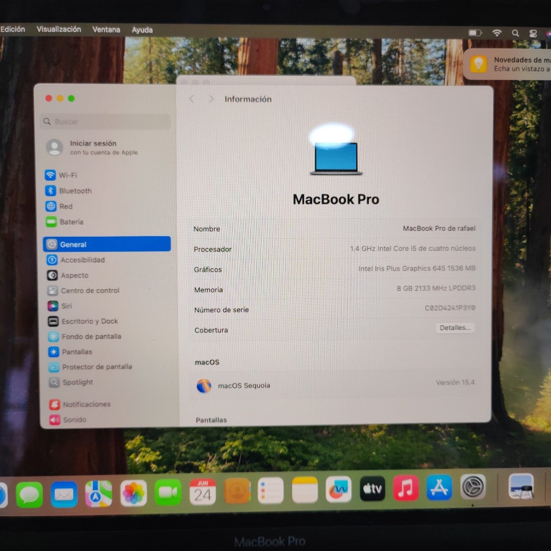 LAPTOP APPLE MACBOOK PRO 13" 2020 1.4 A2289 512 GB SSD 8 GB RAM (SEMINUEVO)
