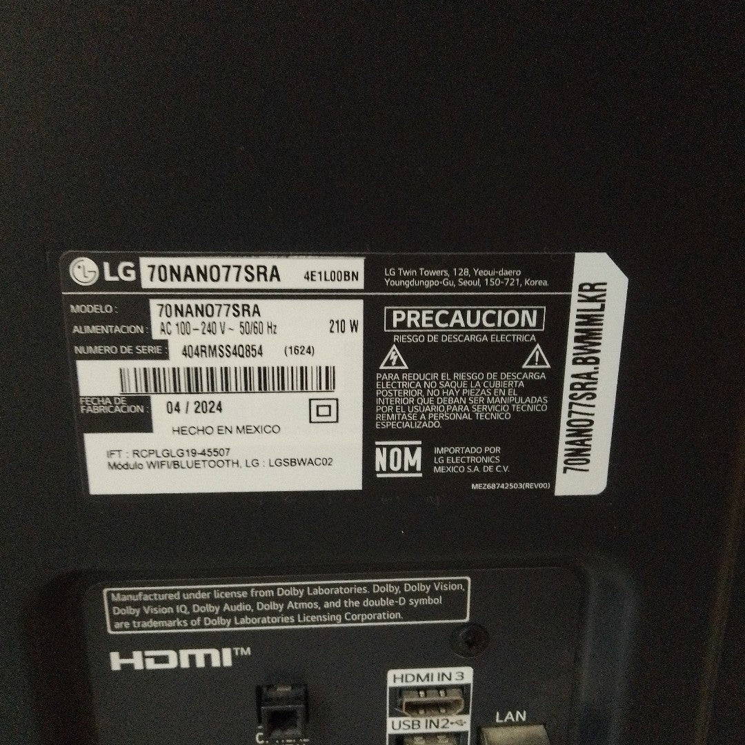 PANTALLA LG 70NANO77SRA (2023) 70" NANOCELL  4K (SEMINUEVO)