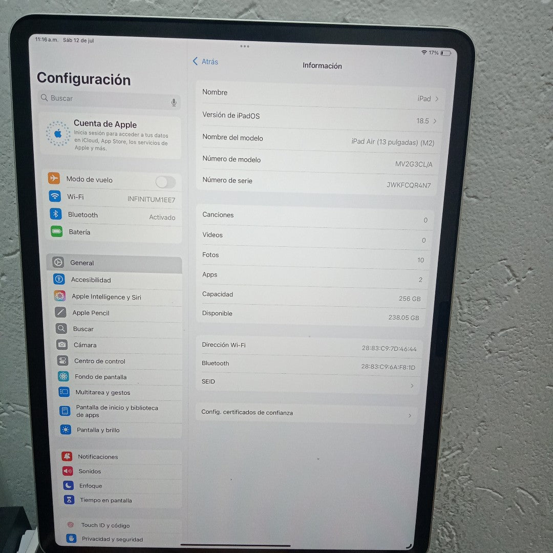 TABLETA APPLE IPAD AIR (M2) 13" A2898 (2024) 256 GB 8 GB RAM (SEMINUEVO)