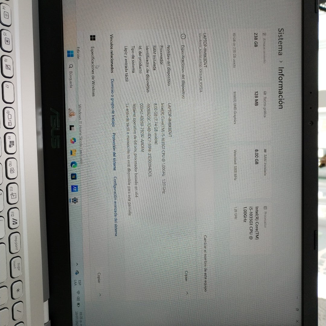 LAPTOP ASUS X515JA-BQ2768W (2022) 256 GB SSD 8 GB RAM (SEMINUEVO)
