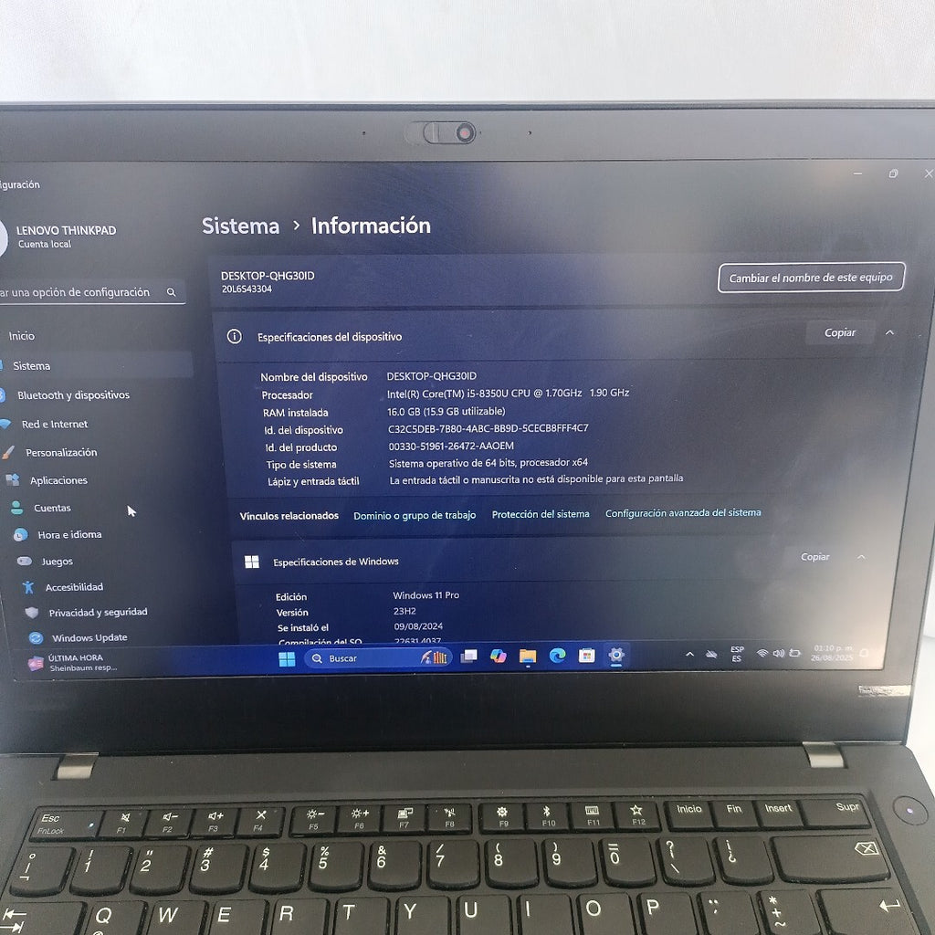 LAPTOP LENOVO THINKPAD 14S GEN 4 (2024) 256 GB SSD 16 GB RAM (SEMINUEVO)
