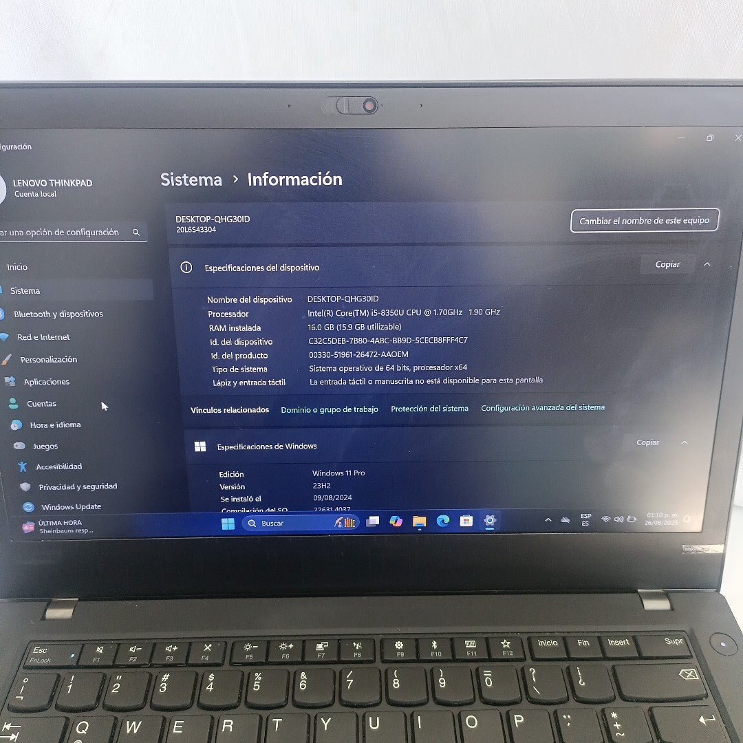 LAPTOP LENOVO THINKPAD 14S GEN 4 (2024) 256 GB SSD 16 GB RAM (SEMINUEVO)