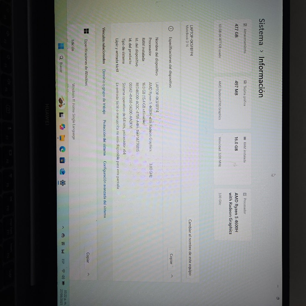 LAPTOP HUAWEI MATEBOOK D16 HVY-WAP9 (2022) 512 GB SSD 16 GB RAM (SEMINUEVO)