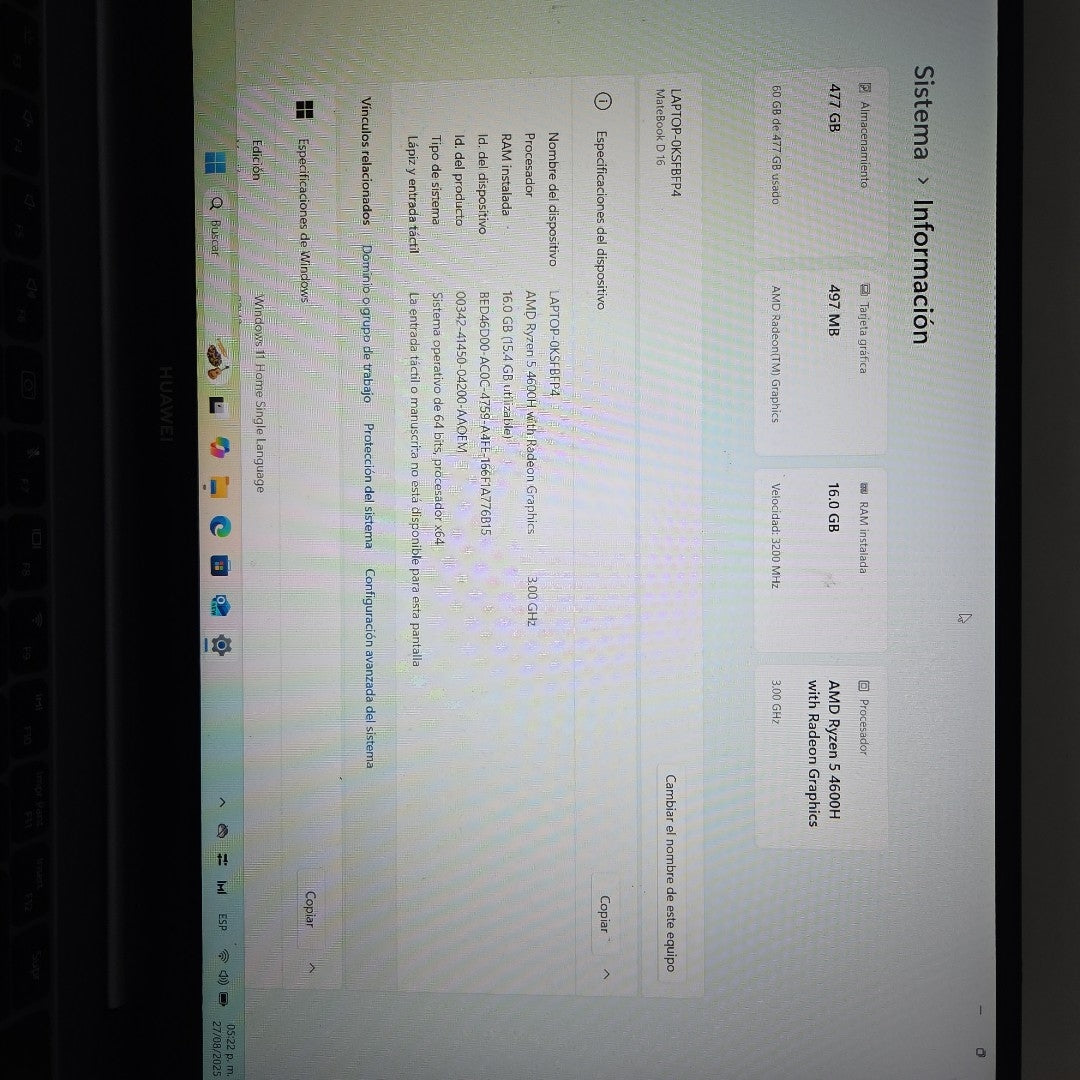 LAPTOP HUAWEI MATEBOOK D16 HVY-WAP9 (2022) 512 GB SSD 16 GB RAM (SEMINUEVO)
