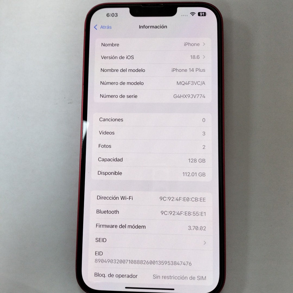 CELULAR APPLE IPHONE 14 PLUS A2885 128 GB 6 GB RAM (SEMINUEVO)