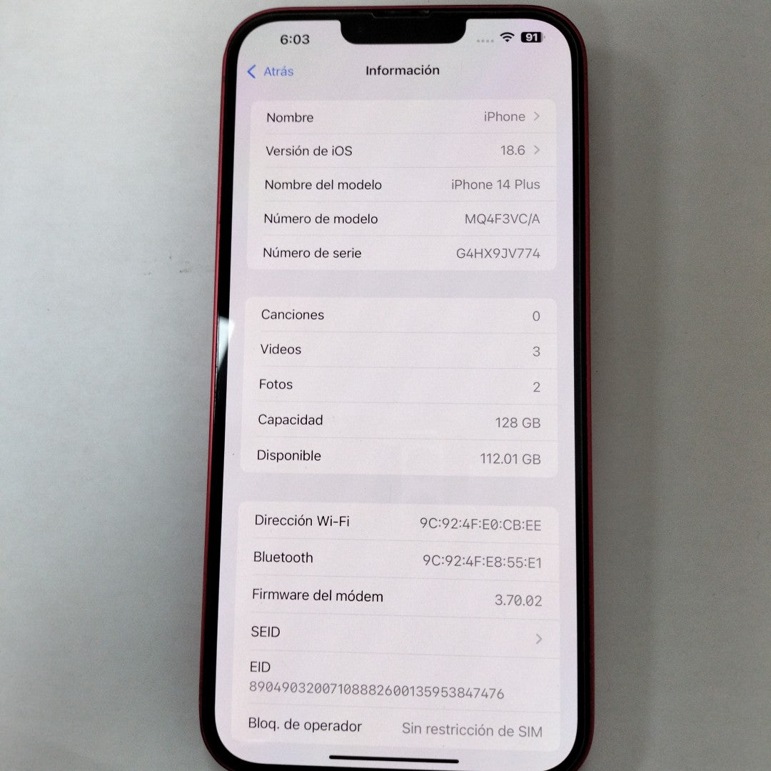 CELULAR APPLE IPHONE 14 PLUS A2885 128 GB 6 GB RAM (SEMINUEVO)