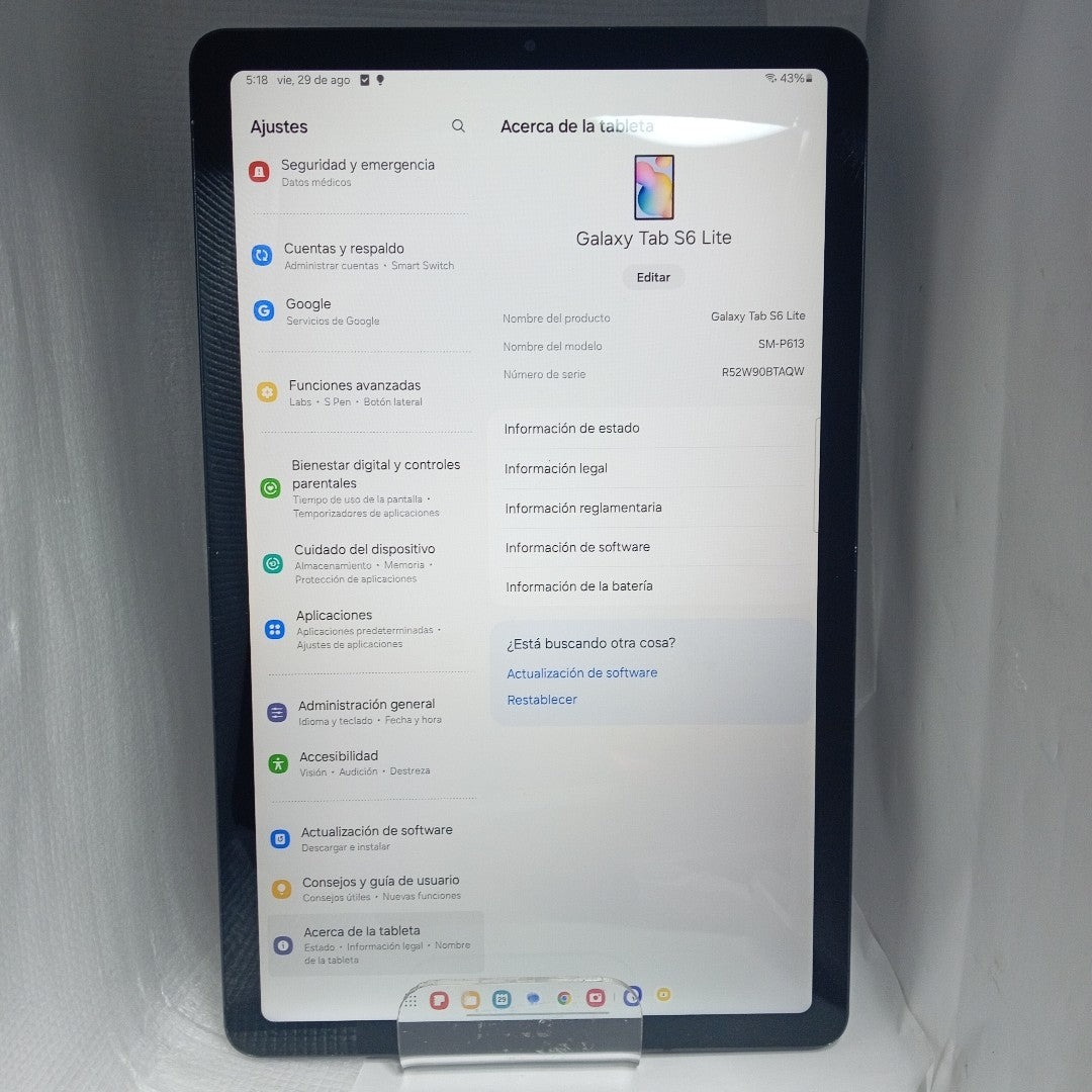 TABLETA SAMSUNG GALAXY TAB S6 LITE SM-P613 128 GB 4 GB RAM (SEMINUEVO)