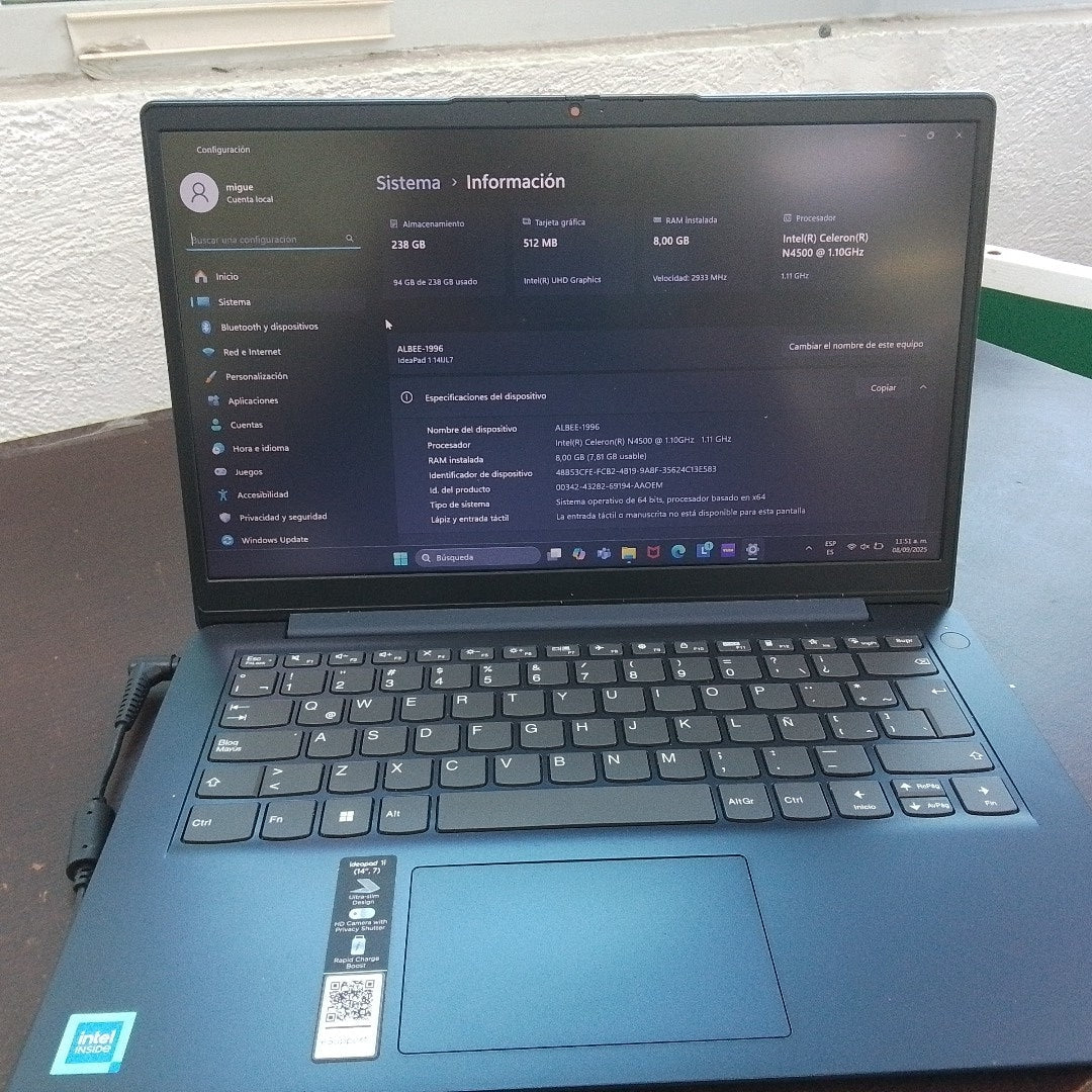 LAPTOP LENOVO IDEAPAD 1 14IJL7 (2022) 256 GB SSD 8 GB RAM (SEMINUEVO)