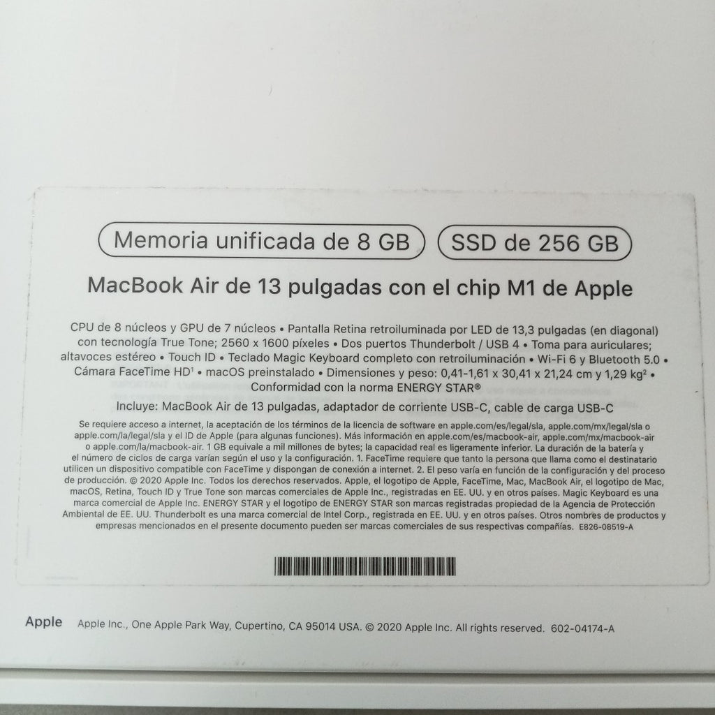 LAPTOP APPLE MACBOOK AIR 13" 2020 3.2 A2337 256 GB SSD 8 GB RAM (SEMINUEVO)