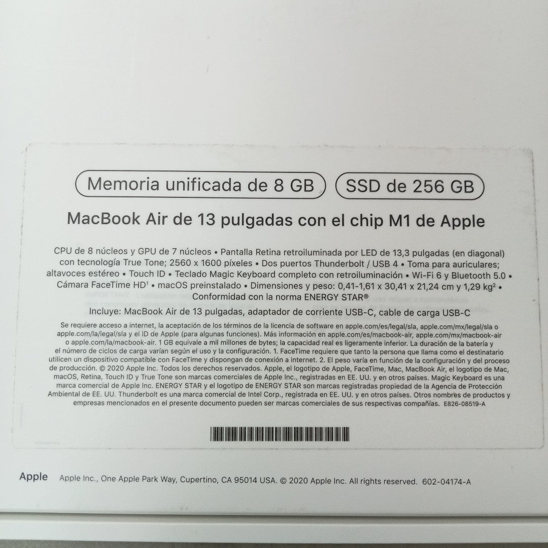 LAPTOP APPLE MACBOOK AIR 13" 2020 3.2 A2337 256 GB SSD 8 GB RAM (SEMINUEVO)