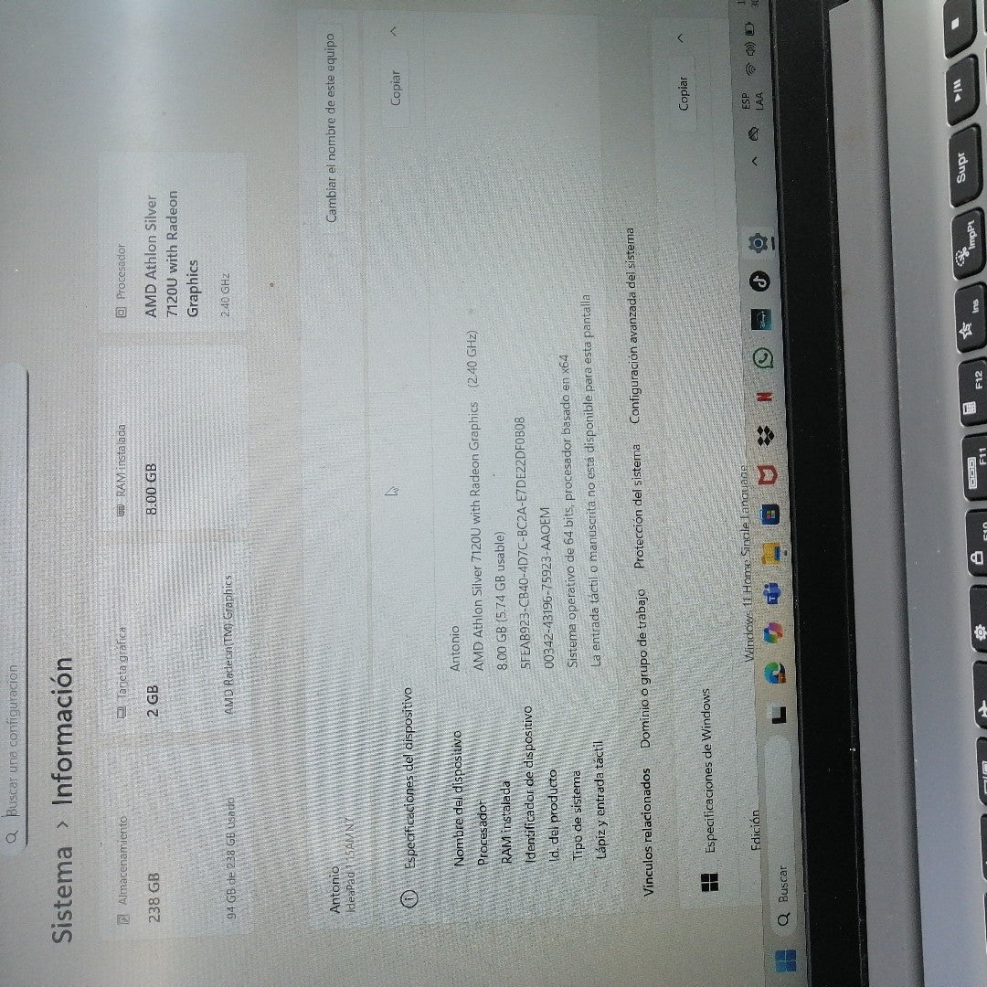 LAPTOP LENOVO IDEAPAD 1 15AMN7 (2023) 256 GB SSD 8 GB RAM (SEMINUEVO)
