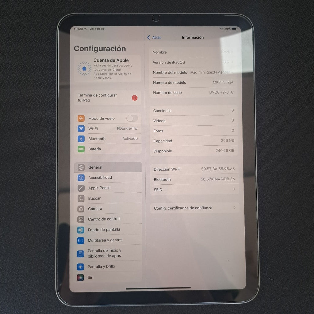 TABLETA APPLE IPAD MINI 6 A2567 256 GB 4 GB RAM (SEMINUEVO)