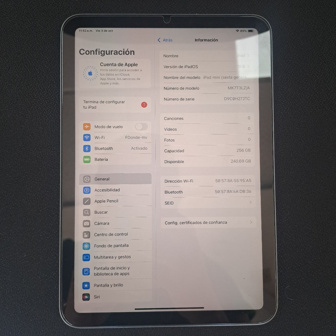 TABLETA APPLE IPAD MINI 6 A2567 256 GB 4 GB RAM (SEMINUEVO)