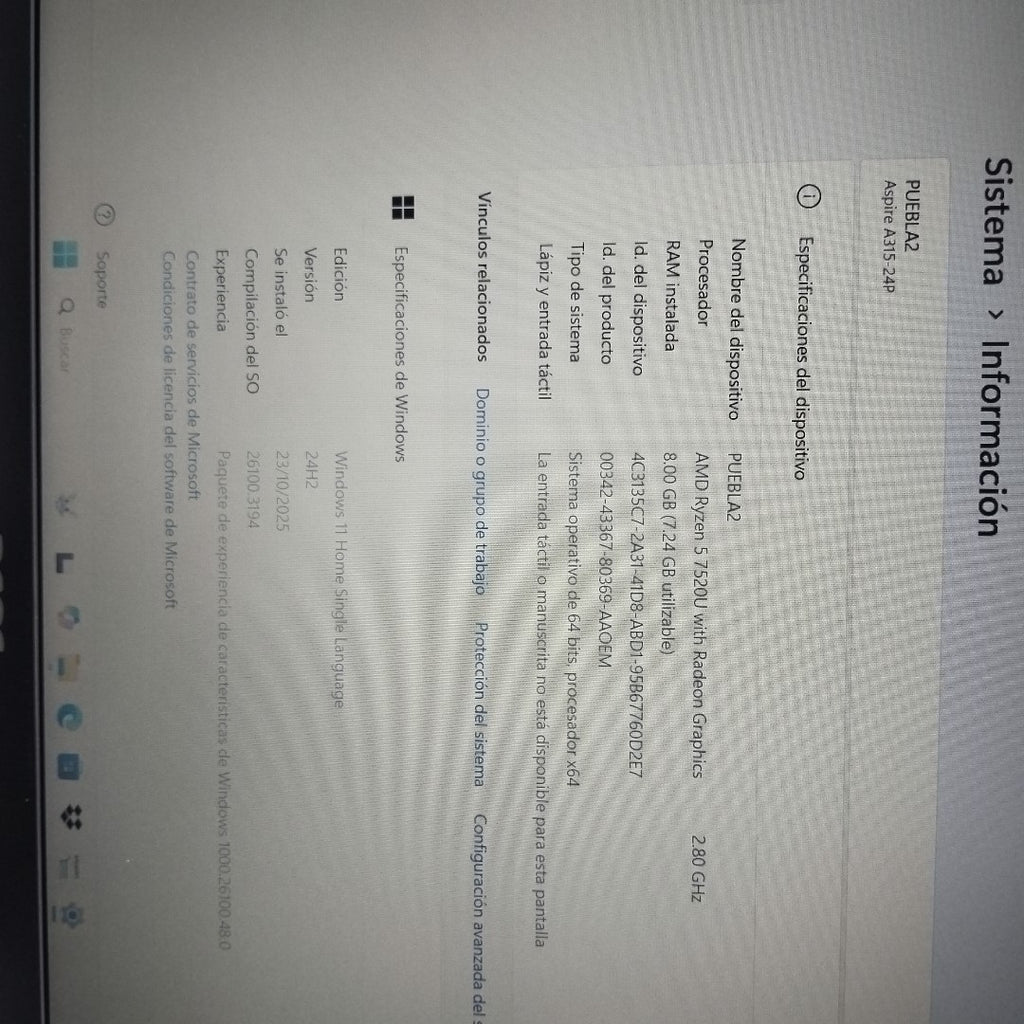 LAPTOP ACER ASPIRE 3 A315-24P-R841 (2023) 512 GB SSD 8 GB RAM (SEMINUEVO)