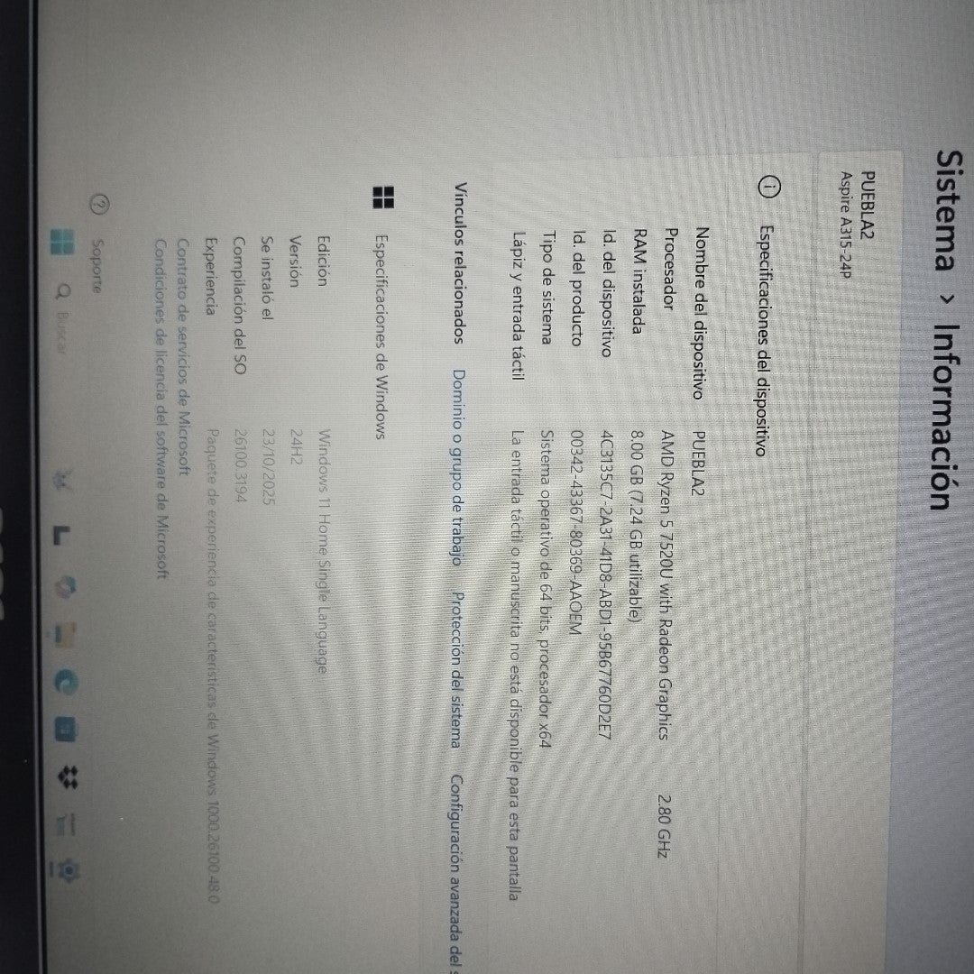 LAPTOP ACER ASPIRE 3 A315-24P-R841 (2023) 512 GB SSD 8 GB RAM (SEMINUEVO)