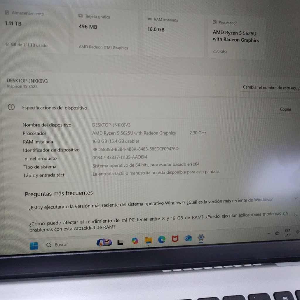 LAPTOP DELL INSPIRON 15 3525 (2023) 1 TB + 256 GB SSD 16 GB RAM (SEMINUEVO)