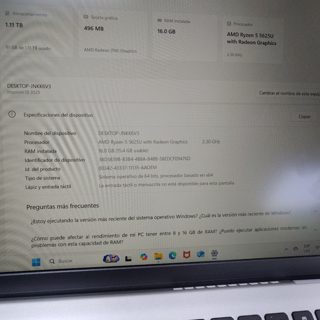 LAPTOP DELL INSPIRON 15 3525 (2023) 1 TB + 256 GB SSD 16 GB RAM (SEMINUEVO)