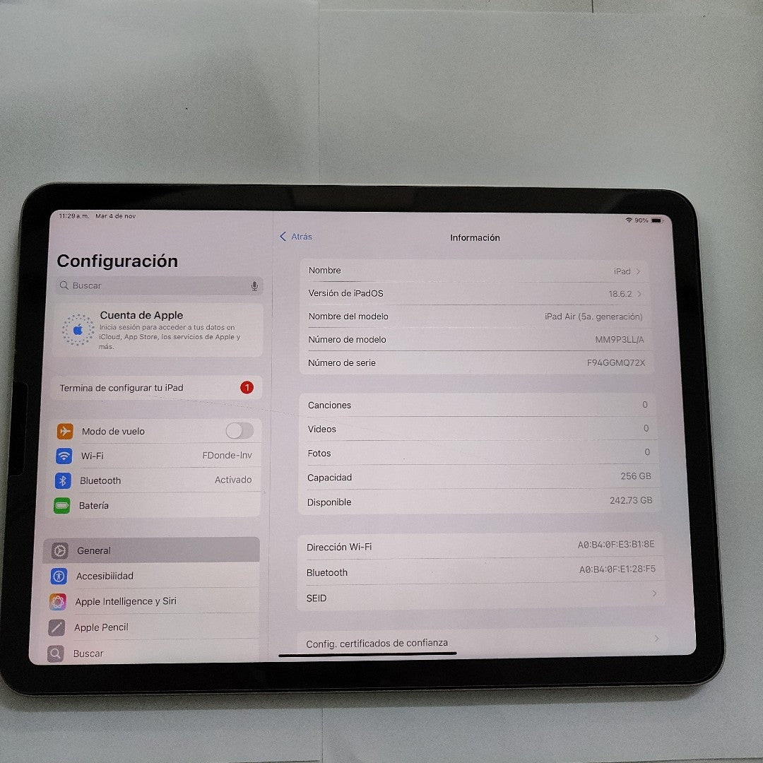 TABLETA APPLE IPAD AIR 5 A2588 256 GB 8 GB RAM (SEMINUEVO)