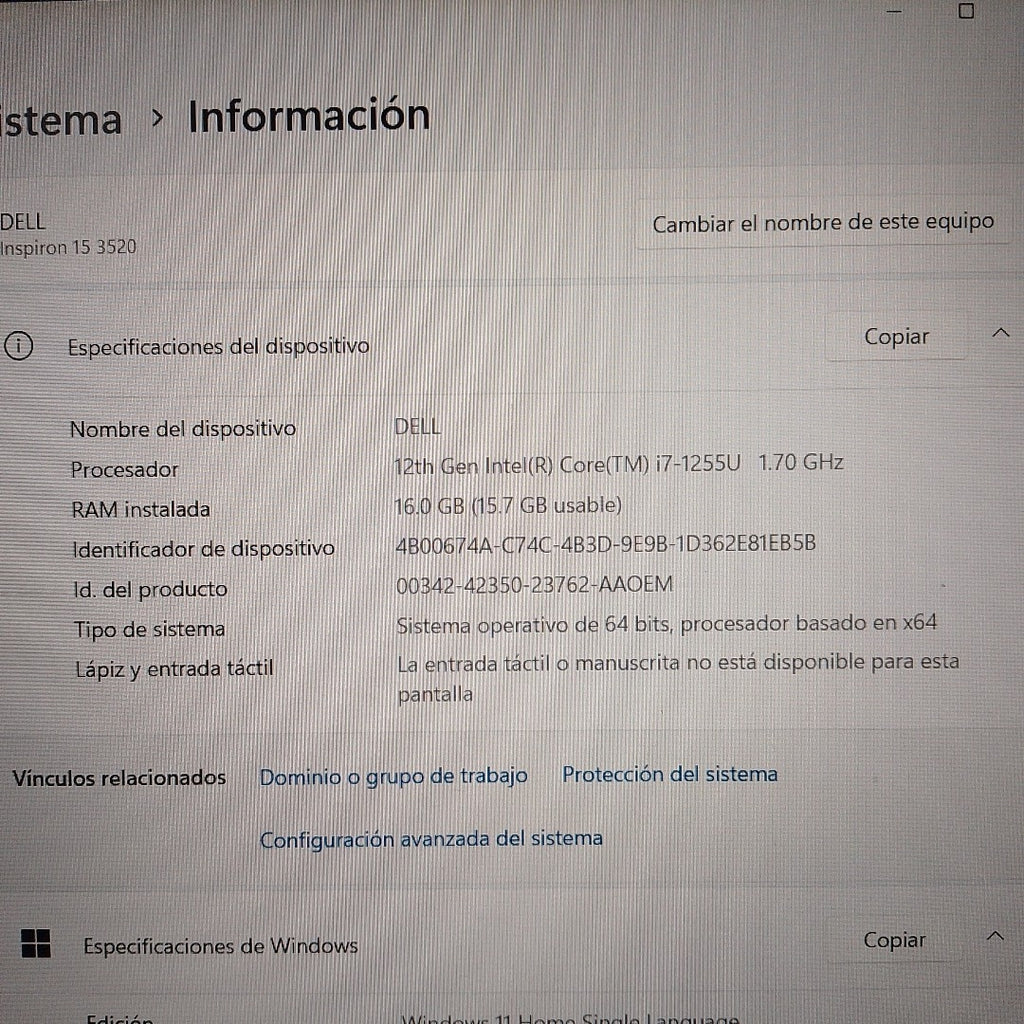 LAPTOP DELL INSPIRON 15 3520 (2024) 512 GB SSD 16 GB RAM (SEMINUEVO)