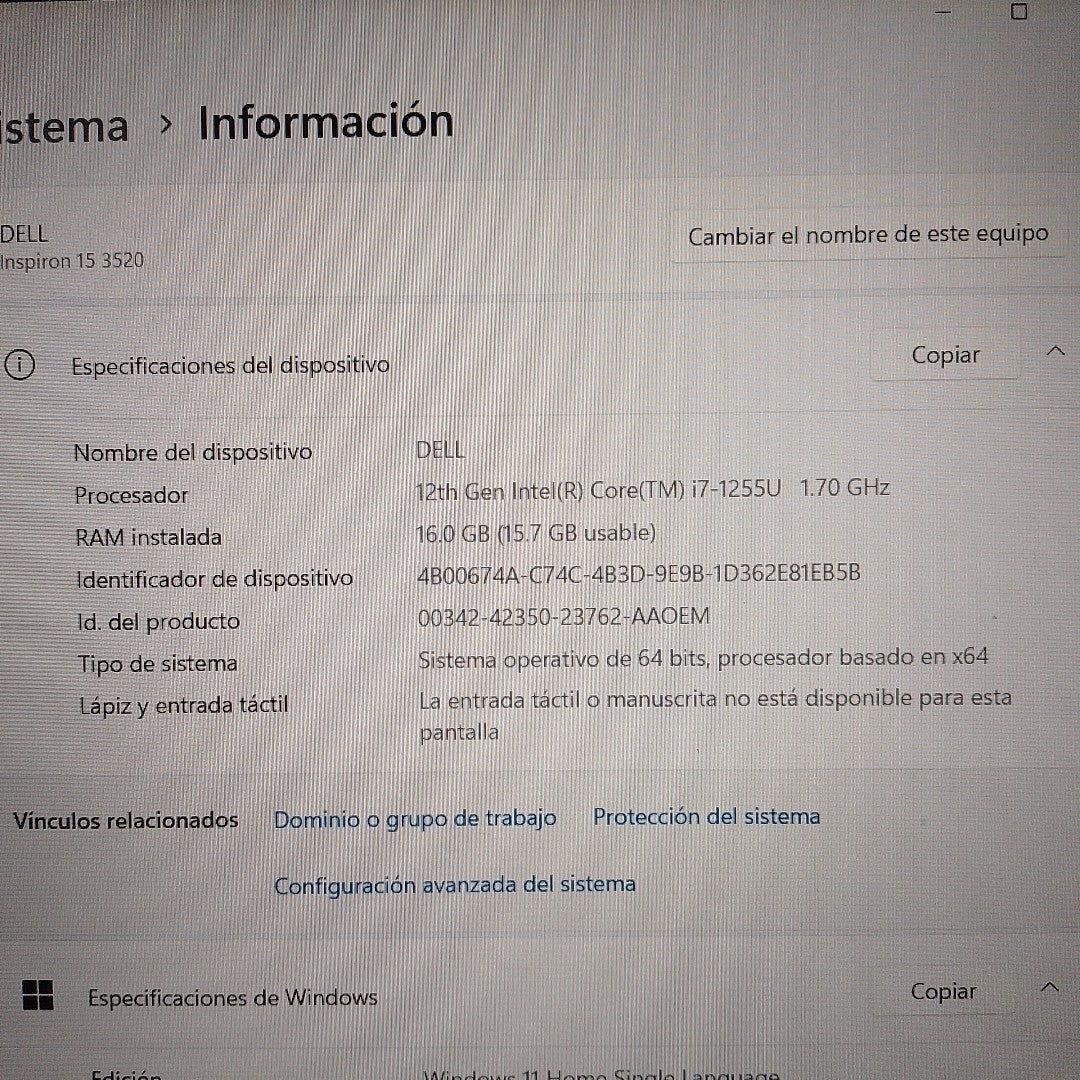 LAPTOP DELL INSPIRON 15 3520 (2024) 512 GB SSD 16 GB RAM (SEMINUEVO)