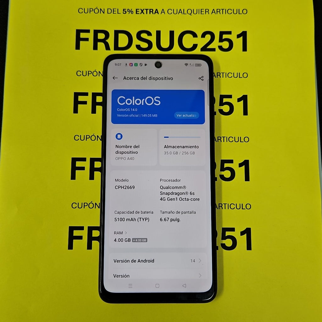 CELULAR OPPO  A40 CPH2669 (2024) 256 GB 4 GB RAM (SEMINUEVO)