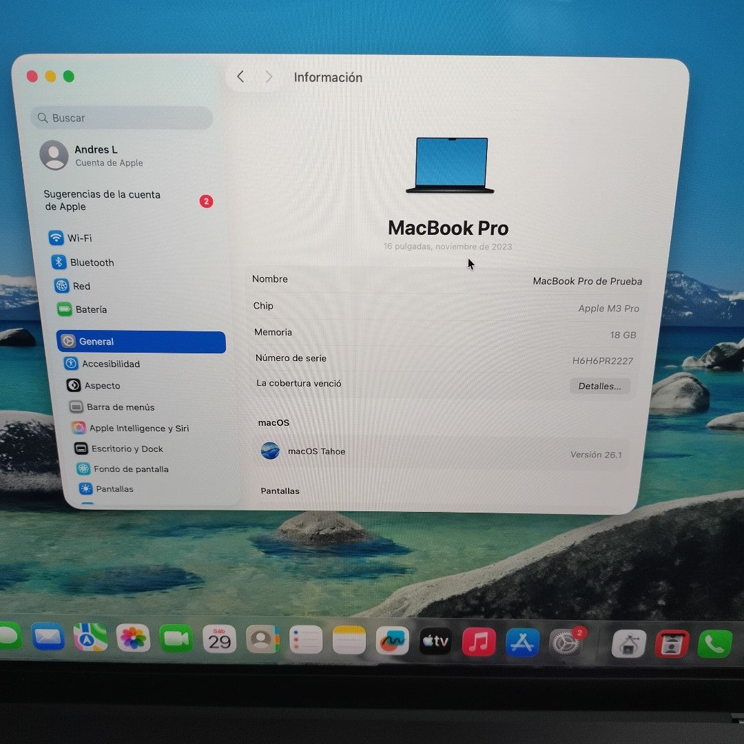 LAPTOP APPLE MACBOOK PRO 16" 2023 A2991 (12 CPU / 18 GPU) 512 GB SSD 18 GB RAM (SEMINUEVO)