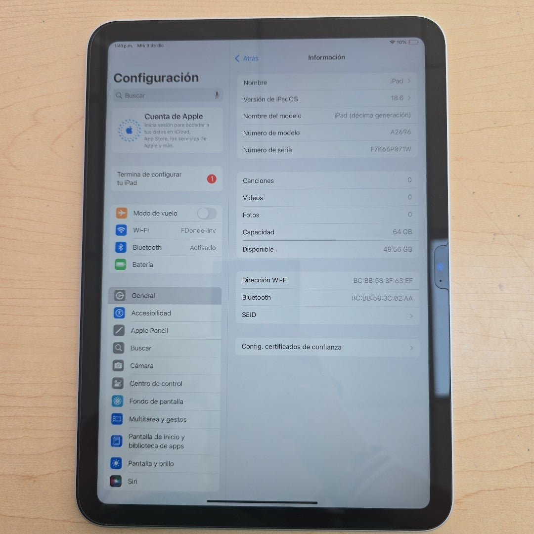 TABLETA APPLE IPAD 10 A2696 64 GB 4 GB RAM (SEMINUEVO)