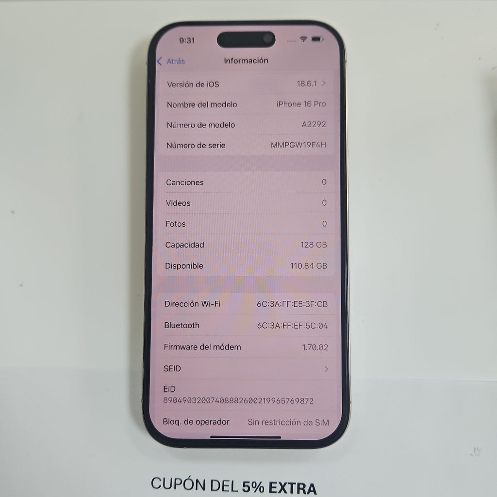 CELULAR APPLE IPHONE 16 PRO A3292 (2024) 128 GB 8 GB RAM (SEMINUEVO)