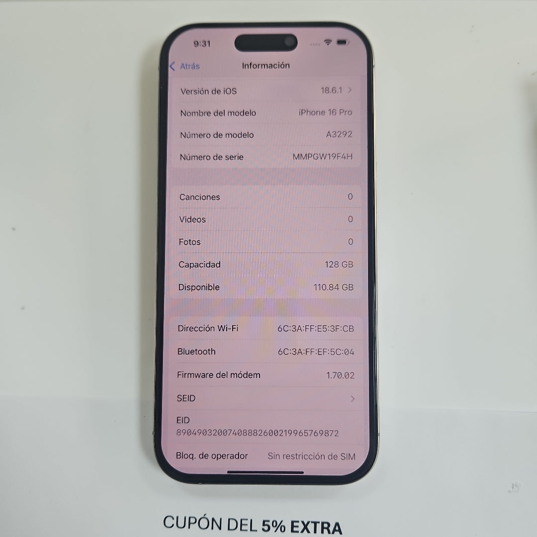 CELULAR APPLE IPHONE 16 PRO A3292 (2024) 128 GB 8 GB RAM (SEMINUEVO)