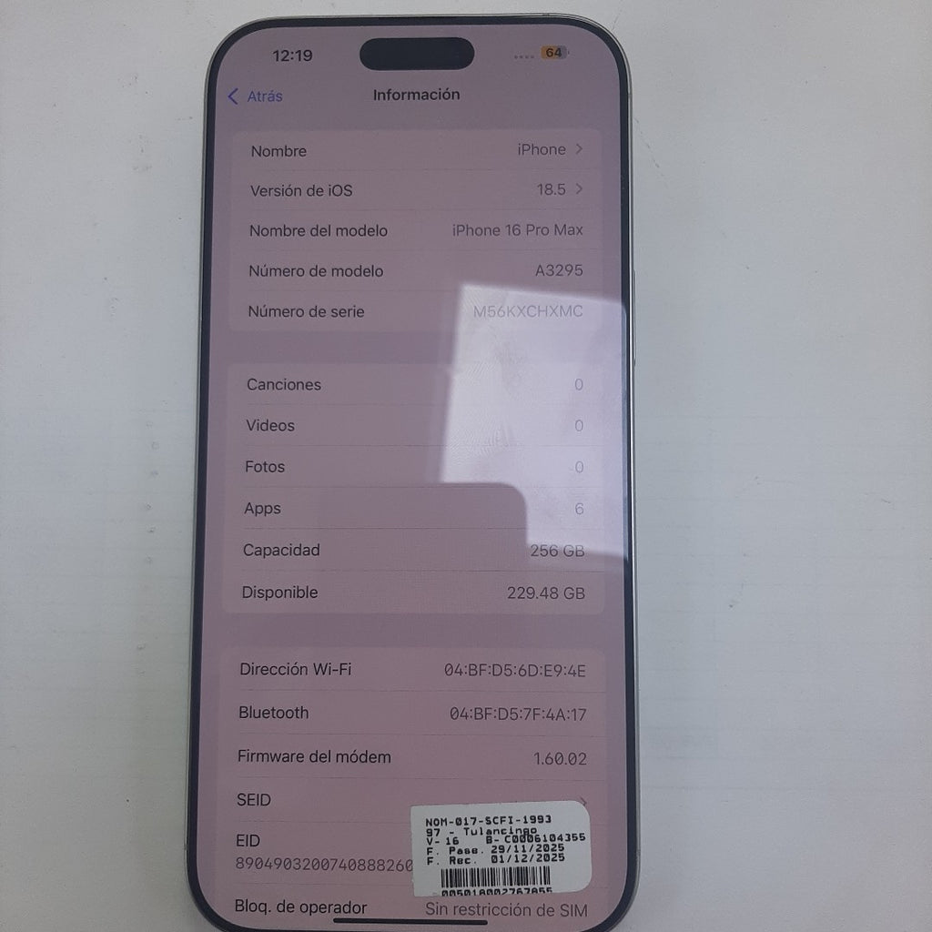 CELULAR APPLE IPHONE 16 PRO MAX A3295 (2024) 256 GB 8 GB RAM (SEMINUEVO)