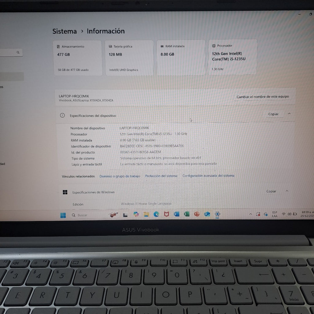 LAPTOP ASUS VIVOBOOK 15 X1504ZA-NJ303W (2024) 512 GB SSD 8 GB RAM (SEMINUEVO)