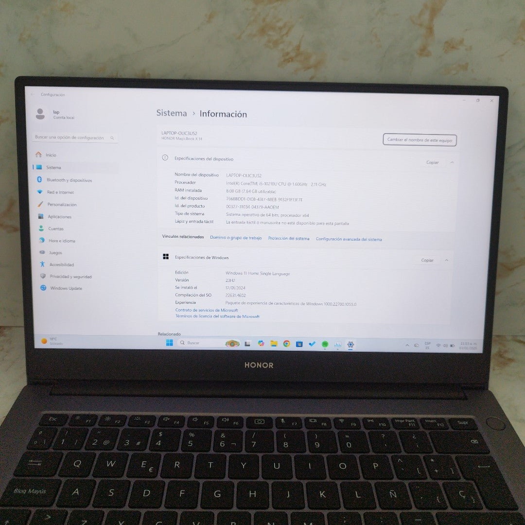 LAPTOP HONOR MAGICBOOK X14 NBR-WAH9 (2022) 512 GB SSD 8 GB RAM (SEMINUEVO)