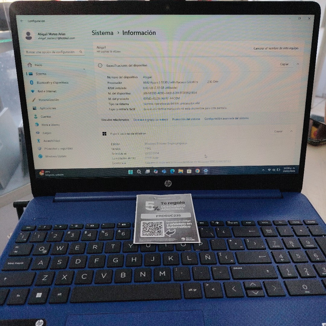 LAPTOP HP 15-EF2511LA (2022) 256 GB SSD 8 GB RAM (SEMINUEVO)