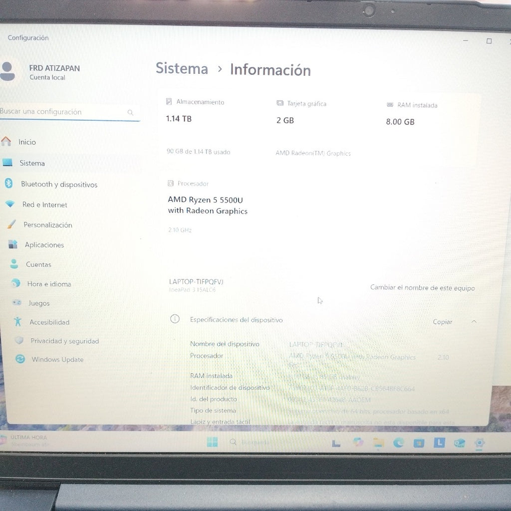 LAPTOP LENOVO IDEAPAD 3 15ALC6 (2023) 1 TB + 256 GB SSD 8 GB RAM (SEMINUEVO)