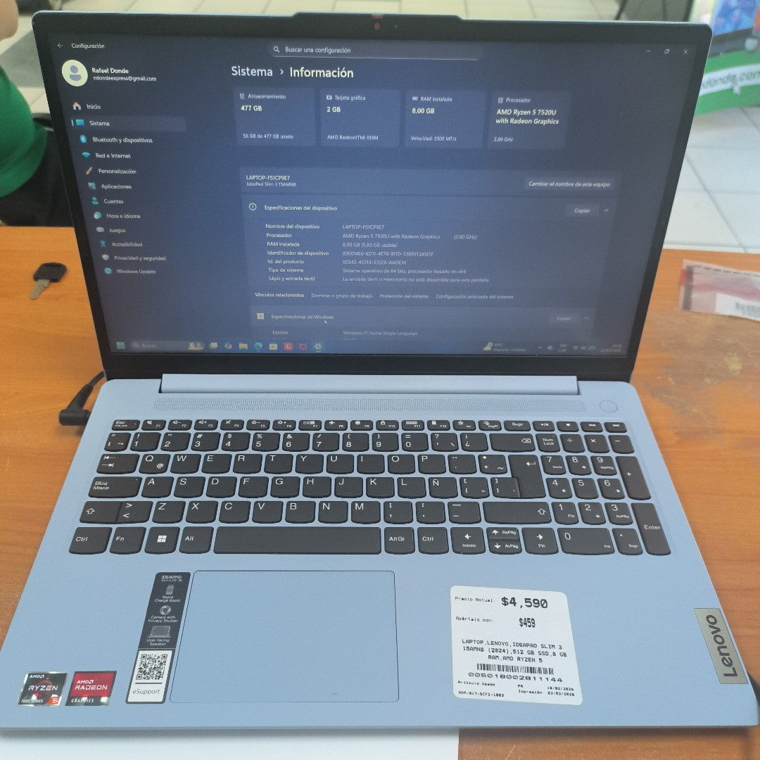 LAPTOP LENOVO IDEAPAD SLIM 3 15AMN8 (2024) 512 GB SSD 8 GB RAM (SEMINUEVO)