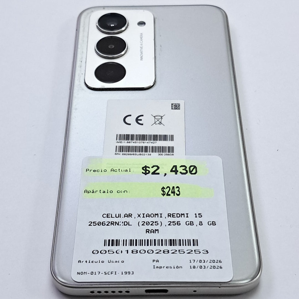 CELULAR XIAOMI REDMI 15 25062RN2DL (2025) 256 GB 8 GB RAM (SEMINUEVO)