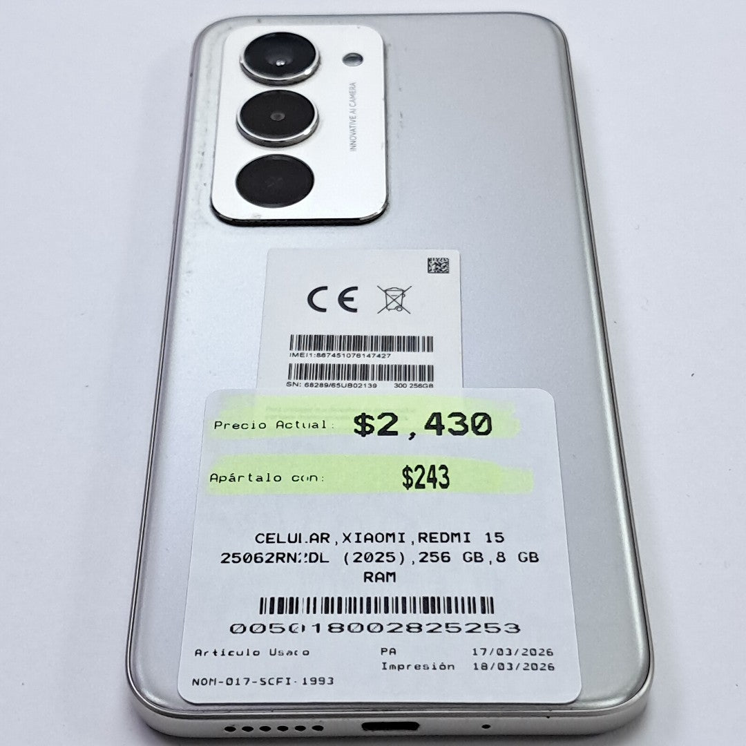 CELULAR XIAOMI REDMI 15 25062RN2DL (2025) 256 GB 8 GB RAM (SEMINUEVO)