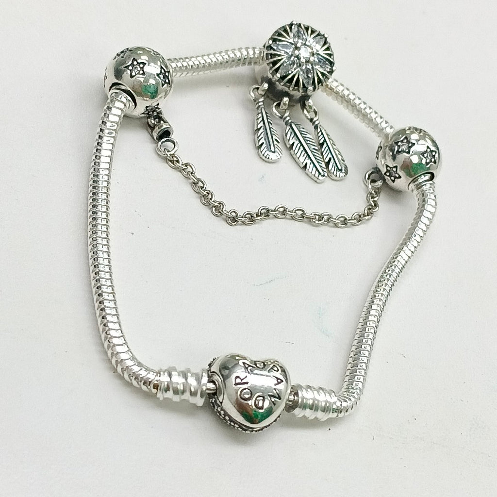 PULSERA TEJIDO ARTICULADA CON CHARMS PLATA .925 18 CM 20.8 GR (NUEVO)