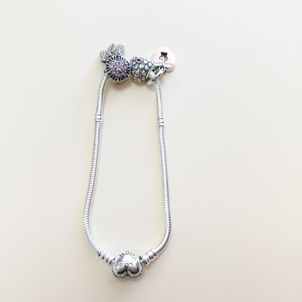 PULSERA TEJIDO ARTICULADA CON CHARMS PLATA .925 21 CM 19 GR (NUEVO)